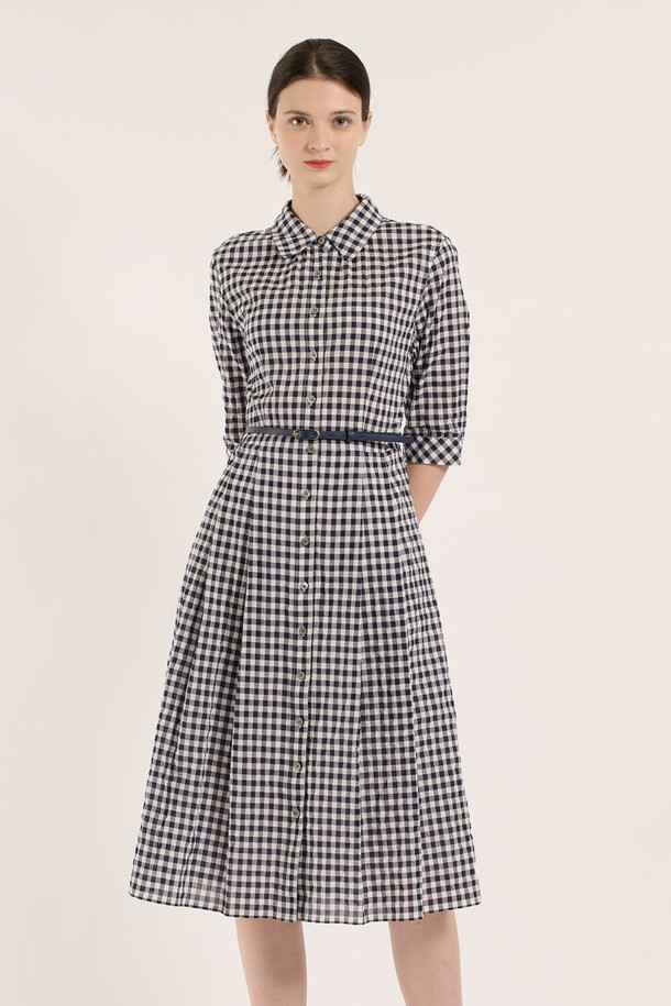 BCBG - 반소매 원피스 - [25SU] 깅엄원피스 - NAVY B5B5O64755