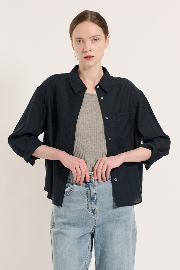 BCBG - 셔츠 - [25SU] 세로결 텐셀 셔츠 - NAVY B5M4B48355