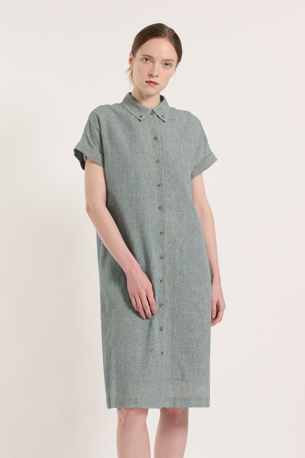 BCBG - 반소매 원피스 - [25SU] 체크 린넨 원피스 - GREEN B5M4O68242