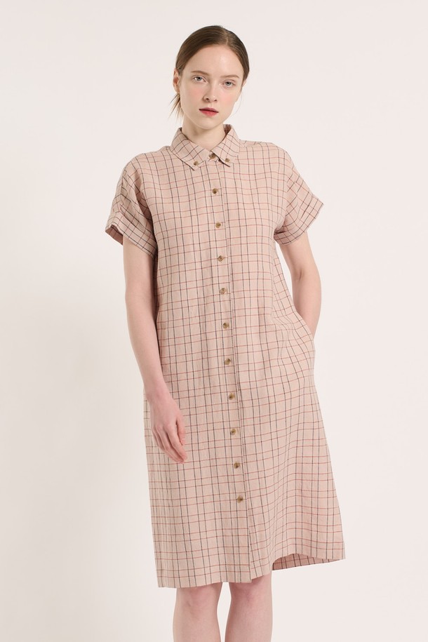 BCBG - 반소매 원피스 - [25SU] 체크 린넨 원피스 - ORANGE RED B5M4O68229