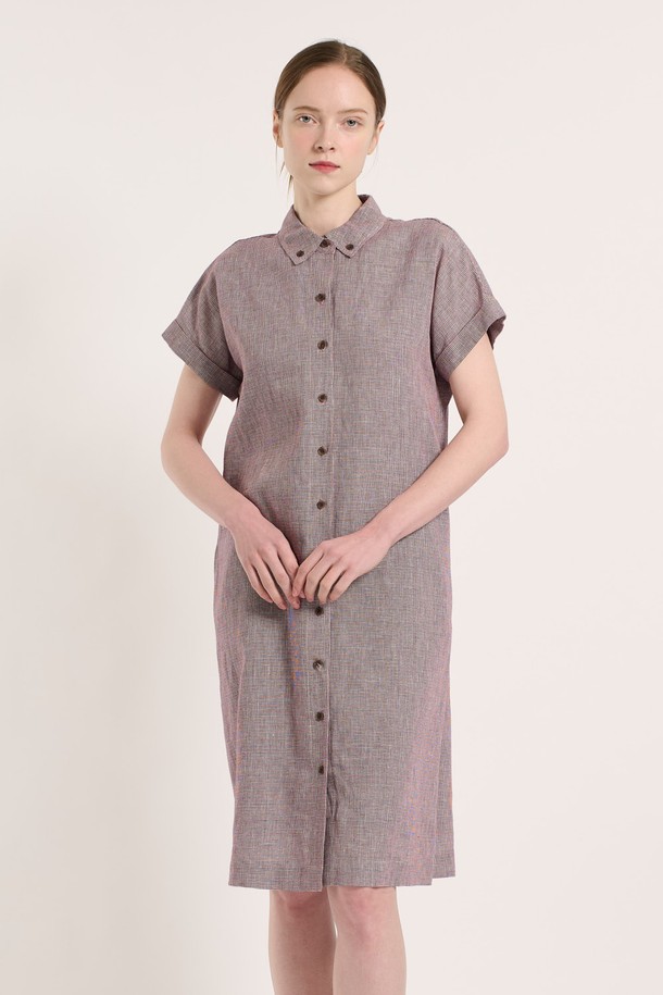 BCBG - 반소매 원피스 - [25SU] 체크 린넨 원피스 - RED B5M4O68224