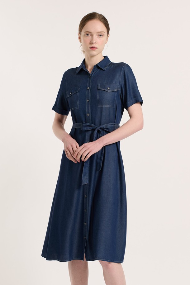 BCBG - 반소매 원피스 - [25SU] 벨티드 포켓 데님 원피스 - INDIGO B5M4O68460