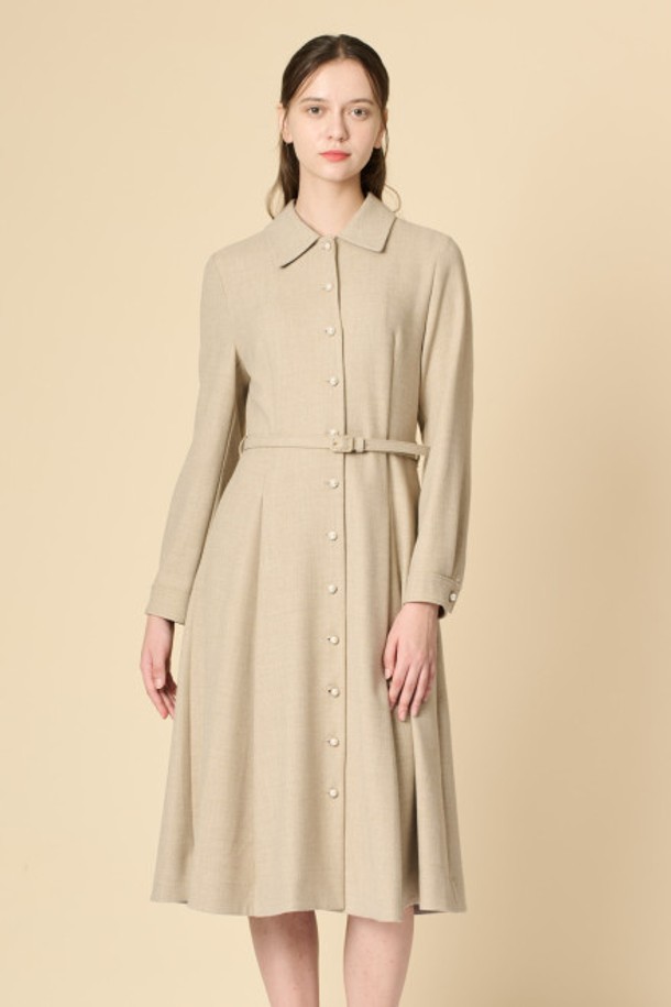 BCBG - 긴소매 원피스 - [24WT]울 블랜드 벨티드 원피스 - M BEIGE B4W9O61072