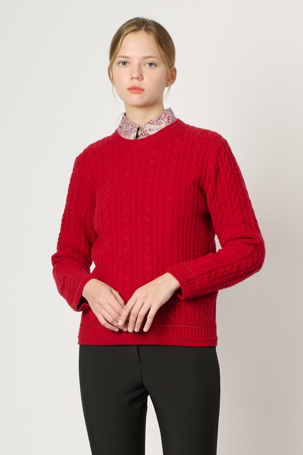 BCBG - 스웨터 - [24WT] 캐시 블렌드 케이블 니트 - RED B4WBK42924