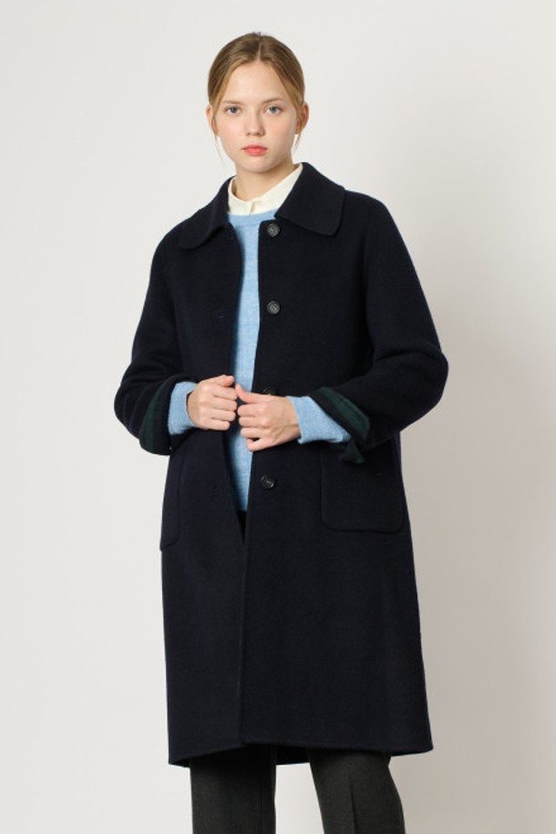 BCBG - 코트 - [24WT] 반달 카라 체크 배색 코트 - NAVY B4WAH83555