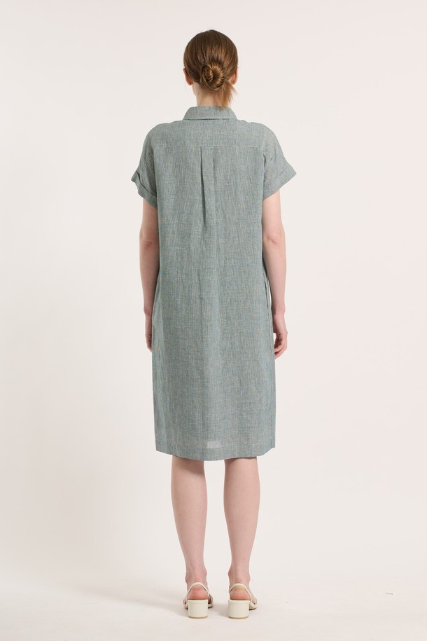 BCBG - 반소매 원피스 - [25SU] 체크 린넨 원피스 - GREEN B5M4O68242