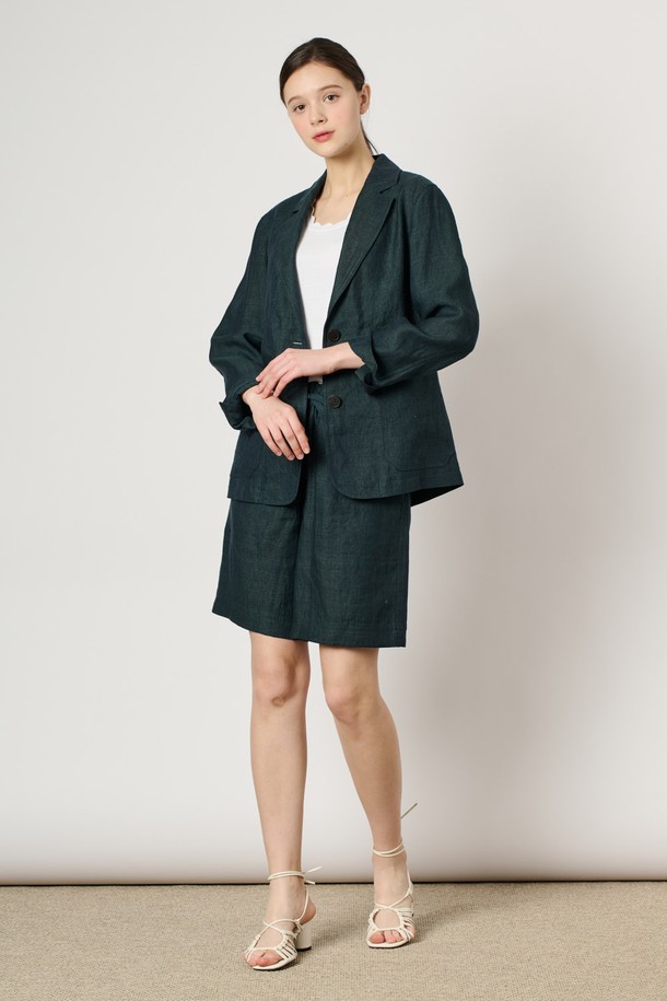 BCBG - 자켓 - [24SU]린넨 버튼 자켓 - Dark Green B4M4J12543