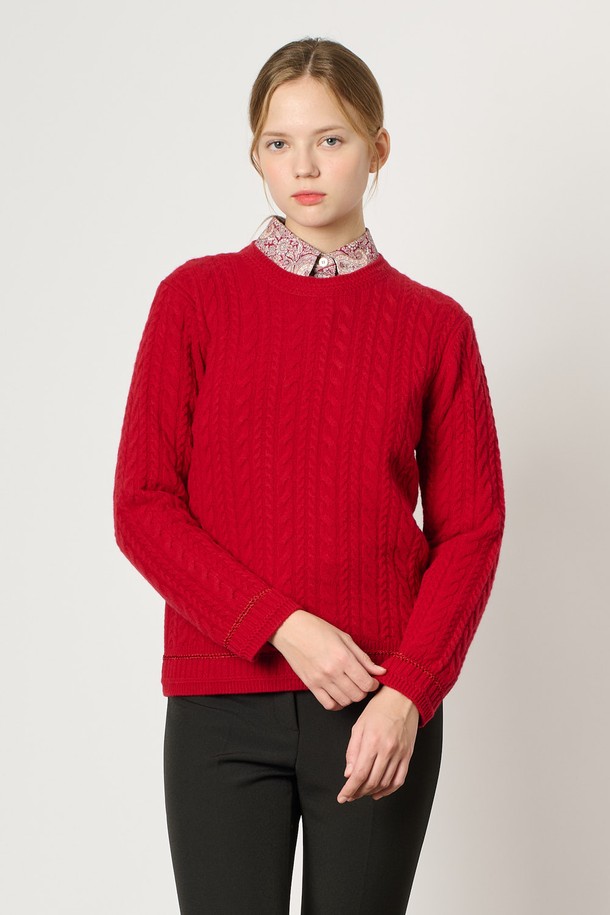 BCBG - 스웨터 - [24WT] 캐시 블렌드 케이블 니트 - RED B4WBK42924