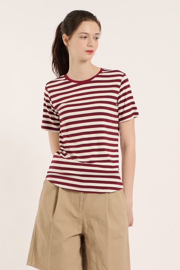 BCBG - 반소매 티셔츠 - [25SM] 스트라이프 티셔츠 - DARK RED B5B3X47125