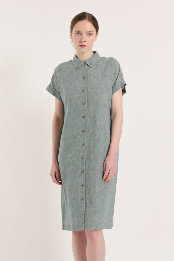 BCBG - 반소매 원피스 - [25SU] 체크 린넨 원피스 - GREEN B5M4O68242