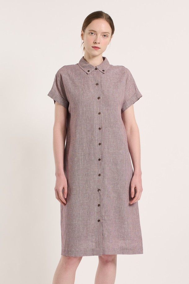 BCBG - 반소매 원피스 - [25SU] 체크 린넨 원피스 - RED B5M4O68224