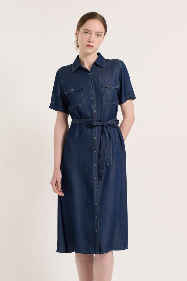 BCBG - 반소매 원피스 - [25SU] 벨티드 포켓 데님 원피스 - INDIGO B5M4O68460