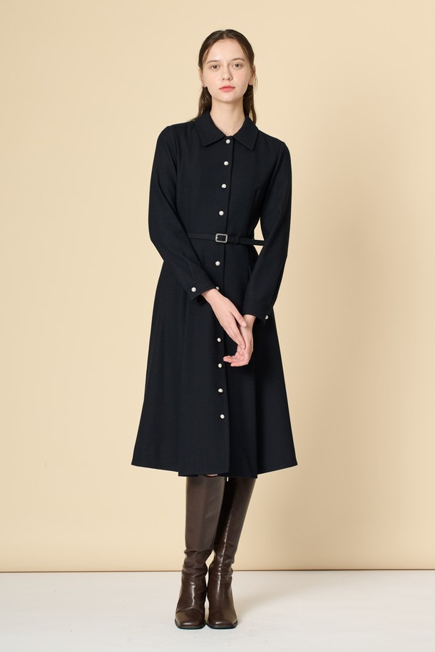 BCBG - 긴소매 원피스 - [24WT]울 블랜드 벨티드 원피스 - DARK NAVY B4W9O61056