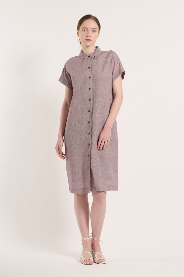 BCBG - 반소매 원피스 - [25SU] 체크 린넨 원피스 - RED B5M4O68224