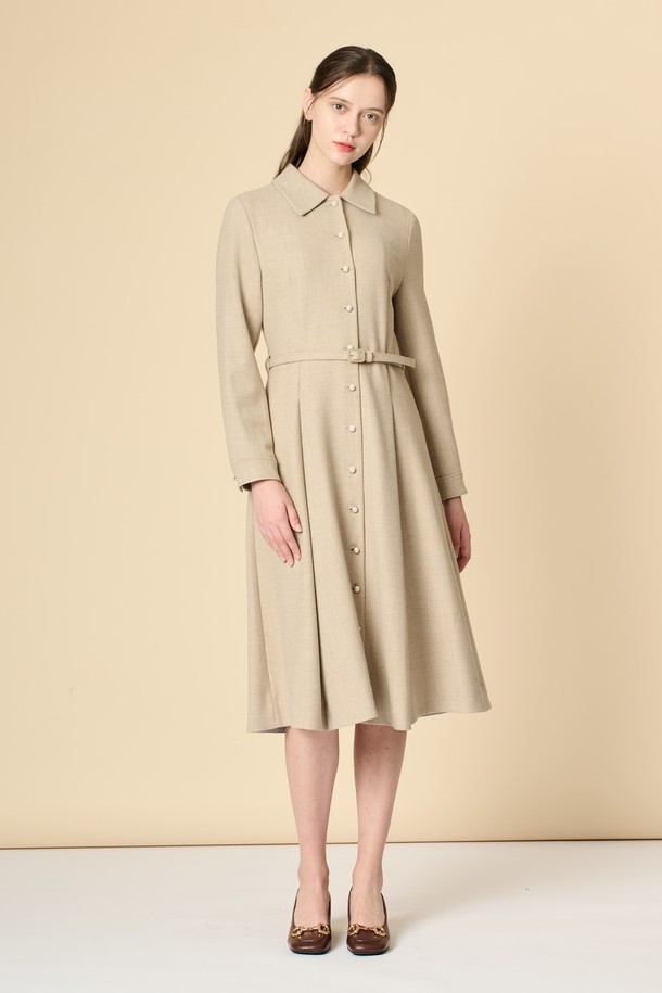 BCBG - 긴소매 원피스 - [24WT]울 블랜드 벨티드 원피스 - M BEIGE B4W9O61072