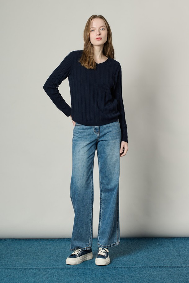 ALL&SUNDRY - 스웨터 - [25SS] 케이블 브이넥 니트탑 - DARK NAVY A5S2K33256