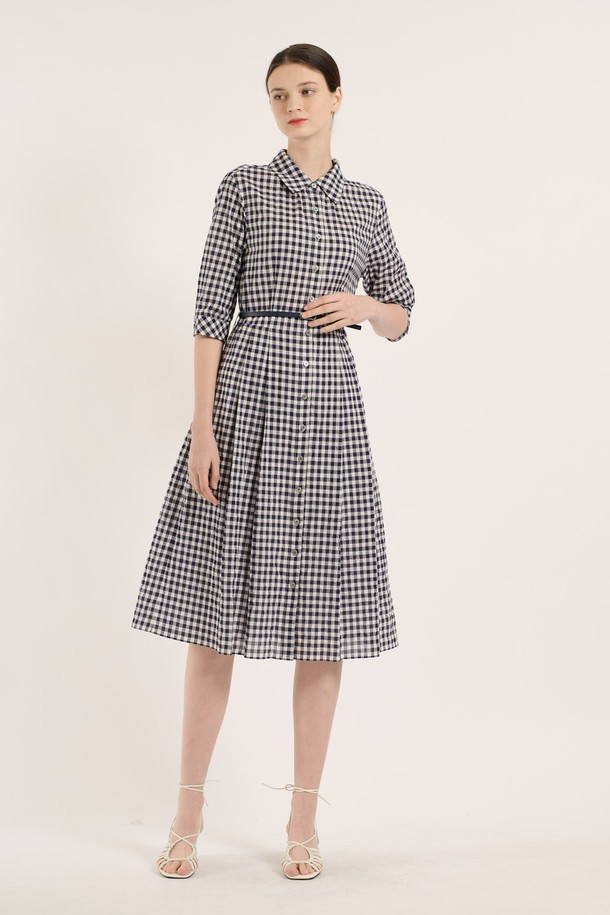 BCBG - 반소매 원피스 - [25SU] 깅엄원피스 - NAVY B5B5O64755