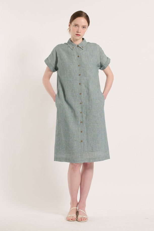 BCBG - 반소매 원피스 - [25SU] 체크 린넨 원피스 - GREEN B5M4O68242