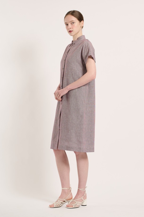 BCBG - 반소매 원피스 - [25SU] 체크 린넨 원피스 - RED B5M4O68224