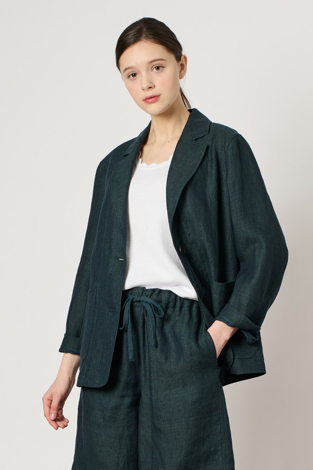 BCBG - 자켓 - [24SU]린넨 버튼 자켓 - Dark Green B4M4J12543