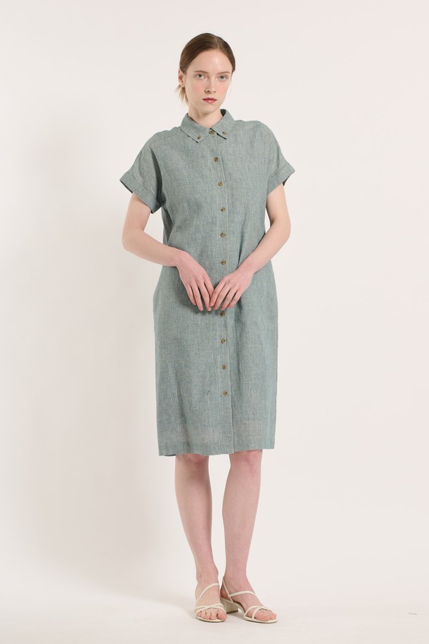 BCBG - 반소매 원피스 - [25SU] 체크 린넨 원피스 - GREEN B5M4O68242