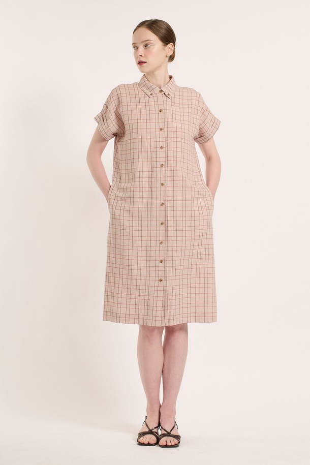 BCBG - 반소매 원피스 - [25SU] 체크 린넨 원피스 - ORANGE RED B5M4O68229