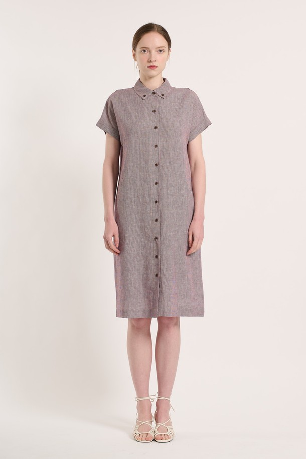 BCBG - 반소매 원피스 - [25SU] 체크 린넨 원피스 - RED B5M4O68224