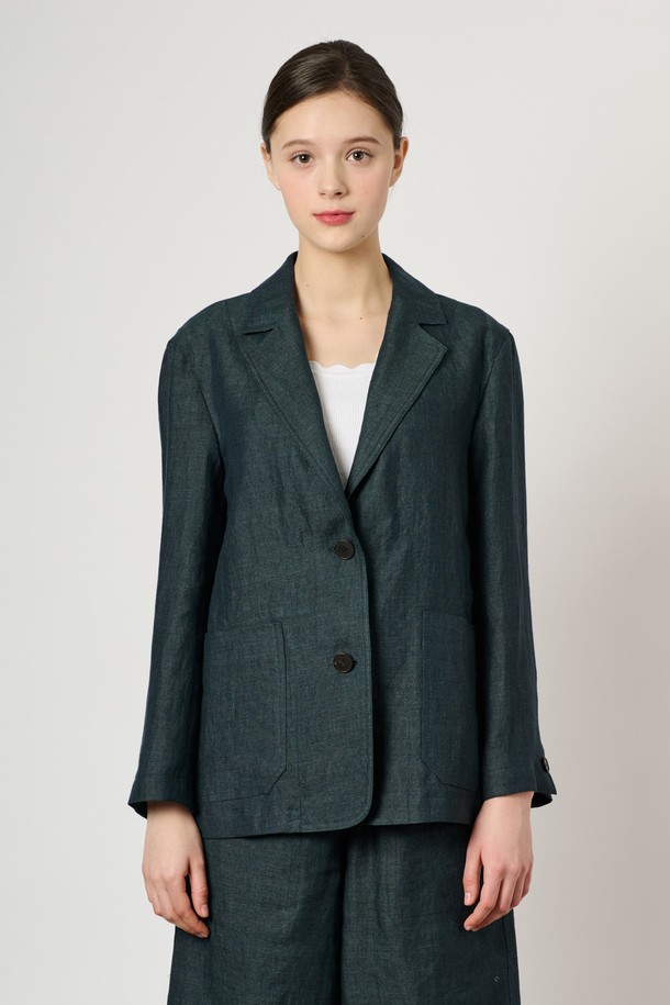 BCBG - 자켓 - [24SU]린넨 버튼 자켓 - Dark Green B4M4J12543