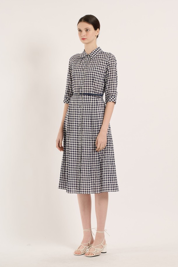 BCBG - 반소매 원피스 - [25SU] 깅엄원피스 - NAVY B5B5O64755