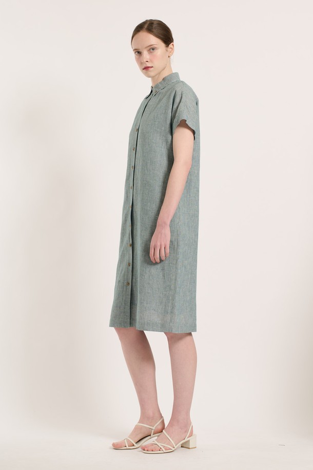 BCBG - 반소매 원피스 - [25SU] 체크 린넨 원피스 - GREEN B5M4O68242