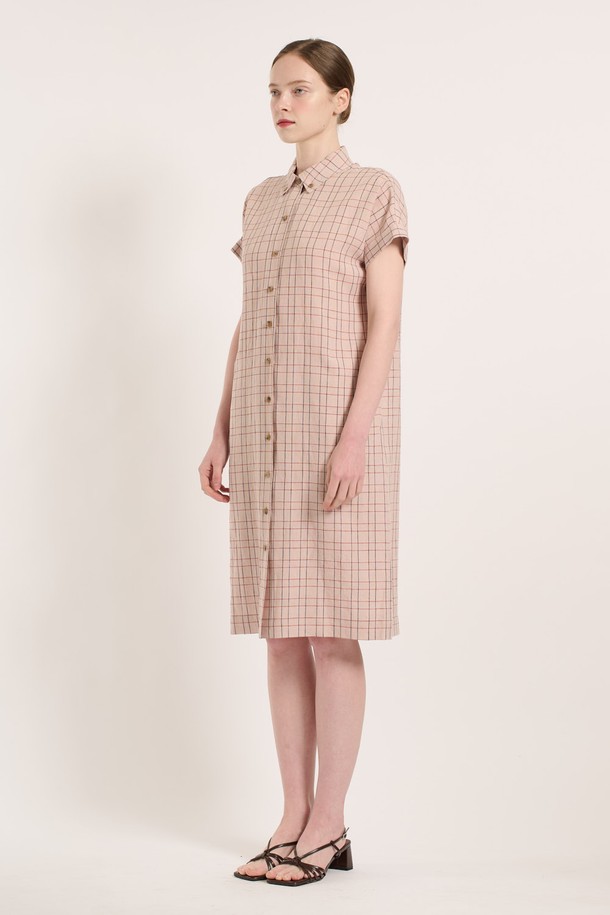 BCBG - 반소매 원피스 - [25SU] 체크 린넨 원피스 - ORANGE RED B5M4O68229