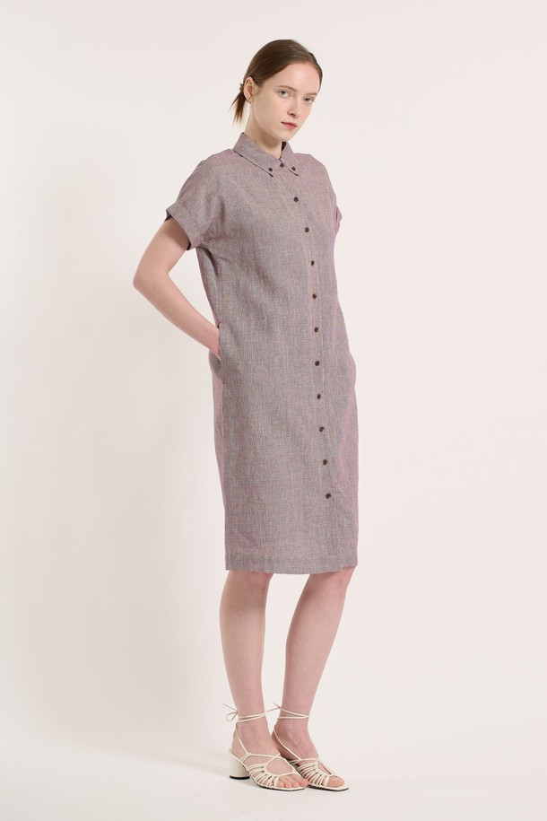 BCBG - 반소매 원피스 - [25SU] 체크 린넨 원피스 - RED B5M4O68224