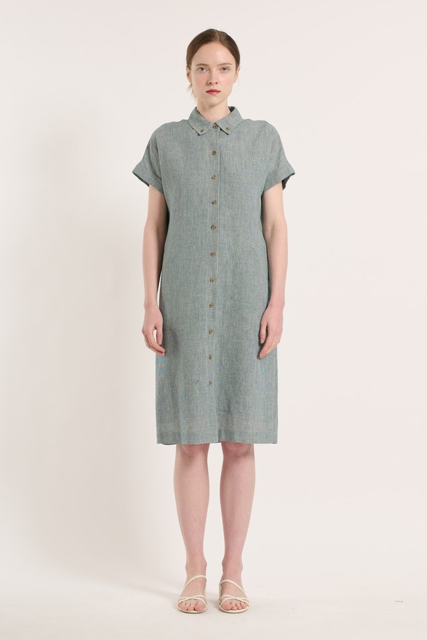 BCBG - 반소매 원피스 - [25SU] 체크 린넨 원피스 - GREEN B5M4O68242