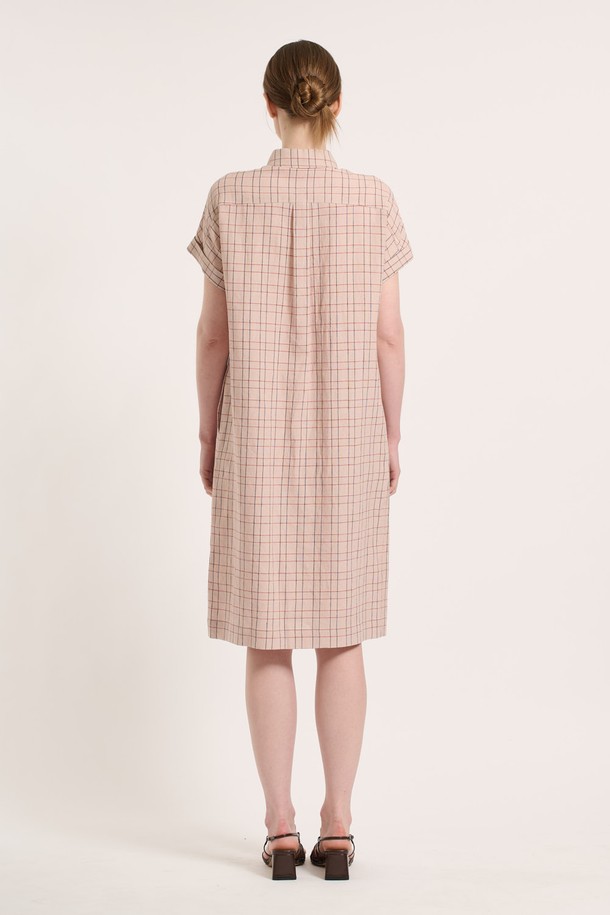 BCBG - 반소매 원피스 - [25SU] 체크 린넨 원피스 - ORANGE RED B5M4O68229