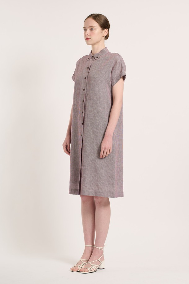 BCBG - 반소매 원피스 - [25SU] 체크 린넨 원피스 - RED B5M4O68224