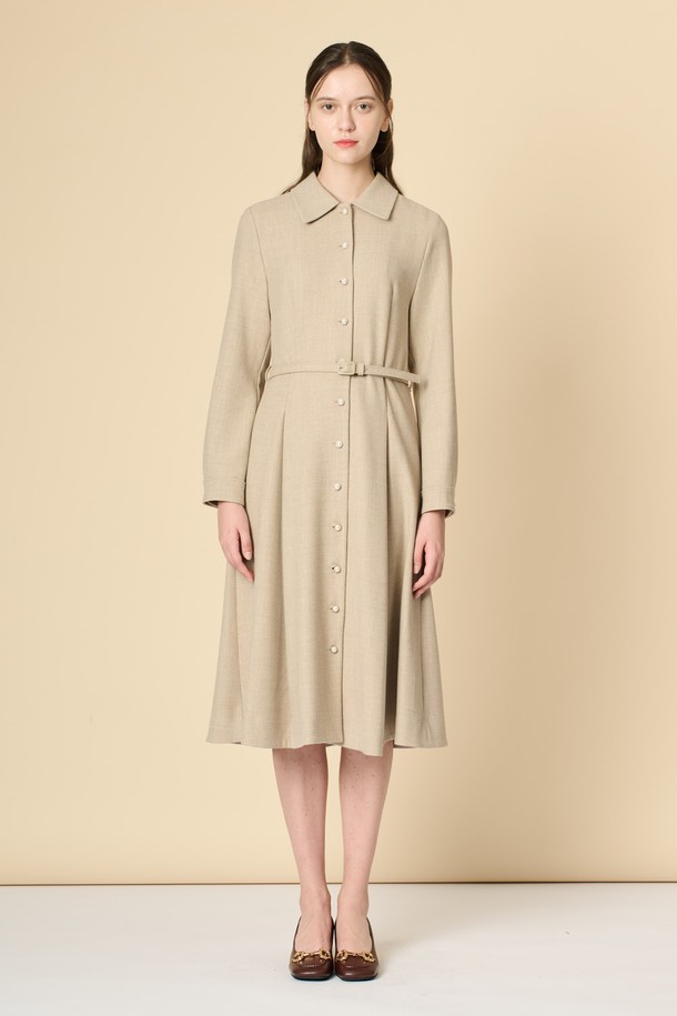 BCBG - 긴소매 원피스 - [24WT]울 블랜드 벨티드 원피스 - M BEIGE B4W9O61072