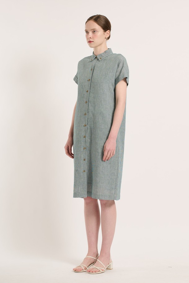 BCBG - 반소매 원피스 - [25SU] 체크 린넨 원피스 - GREEN B5M4O68242