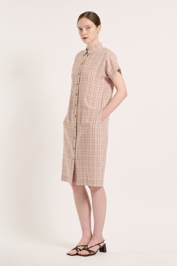 BCBG - 반소매 원피스 - [25SU] 체크 린넨 원피스 - ORANGE RED B5M4O68229