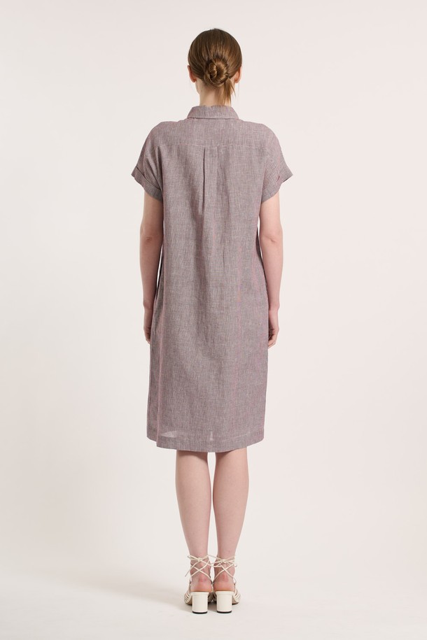 BCBG - 반소매 원피스 - [25SU] 체크 린넨 원피스 - RED B5M4O68224