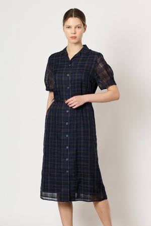 [24SU]오픈카라 체크 벨티드 원피스 - Navy B4M6O66055