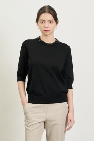 [25SP] 비즈넥 하프소매 니트 - BLACK B5S2K41199