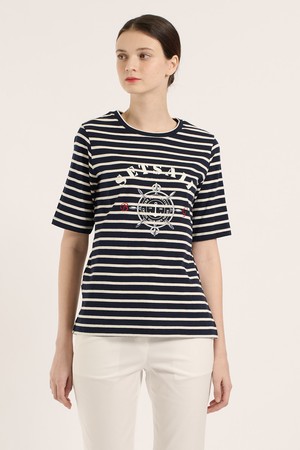 [25SM] 마린 프린트 스트라이프 티셔츠 - BLACK NAVY B5B3X40359