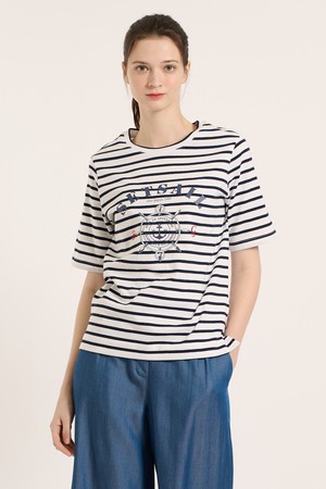 [25SM] 마린 프린트 스트라이프 티셔츠 - NAVY B5B3X40355