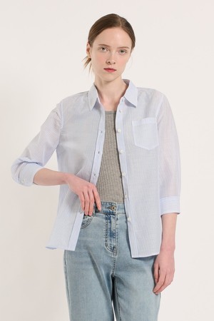 [25SU] 포켓 패치 스트라이프 셔츠 - NAVY B5M3B47155