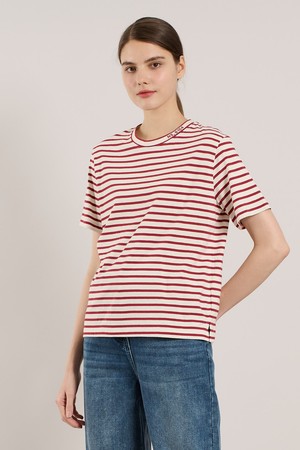 [25SU] 네크 자수 스트라이프 티셔츠 - DARK RED A5M3X40125