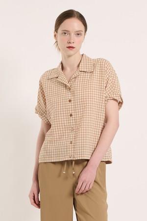 [25SU] 롤업 소매 체크 블라우스 - M BEIGE B5M5B49172