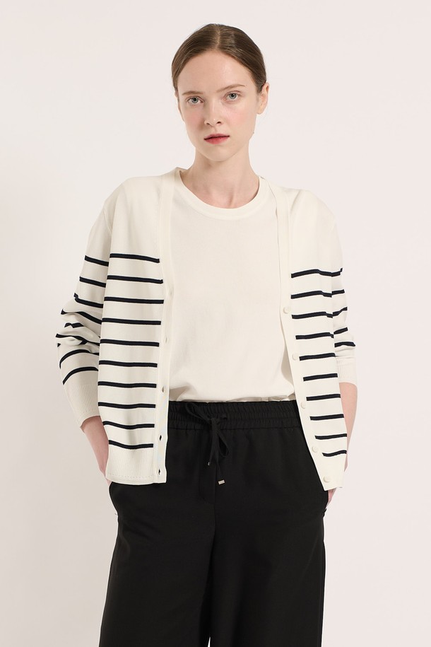 BCBG - 가디건 - [25SU] 스트라이프 브이넥 니트 가디건 - OFF WHITE B5M3K27112