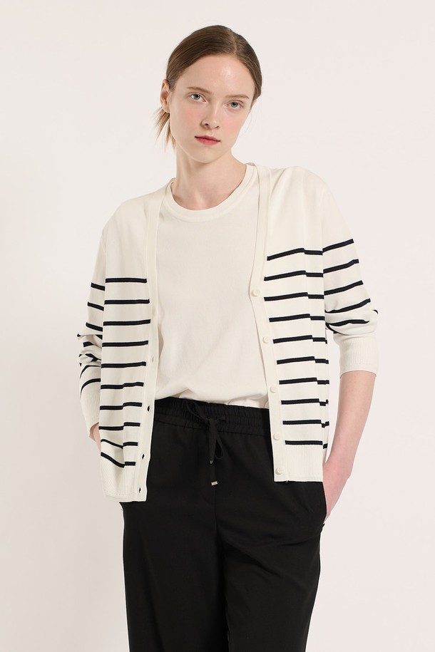 BCBG - 가디건 - [25SU] 스트라이프 브이넥 니트 가디건 - OFF WHITE B5M3K27112