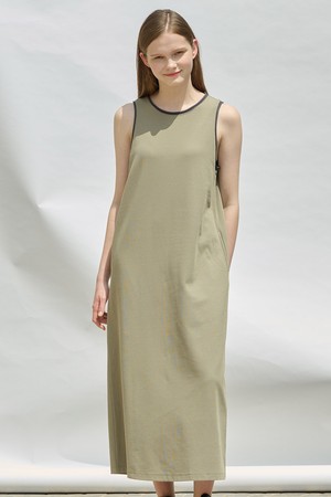 [25SU] 슬리브리스 배색 롱 원피스 - KHAKI A5M4I69045