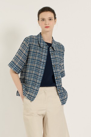 [25SU] 시스루 체크 블라우스 - NAVY B5B5B43655
